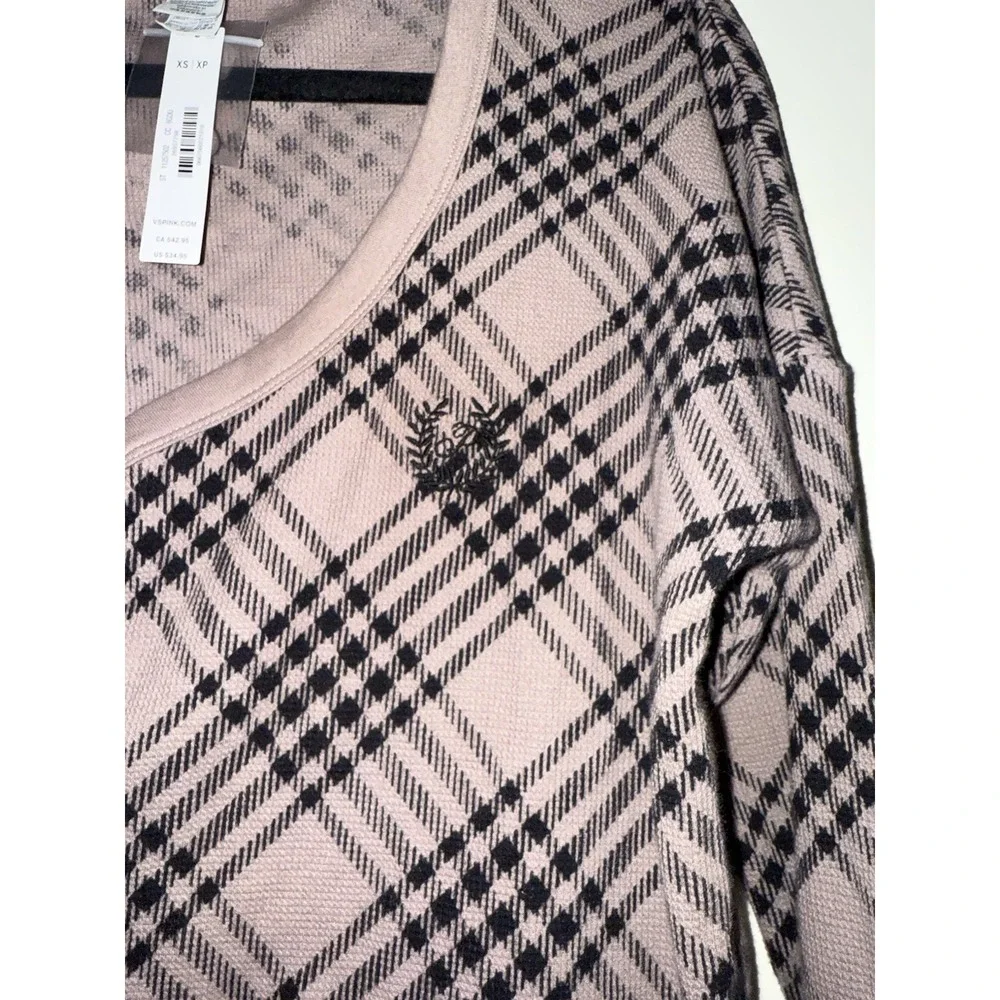 Victoria's Secret PINK Oversized Thermal Cropped Cardigan Top Plaid Brown XS NEW